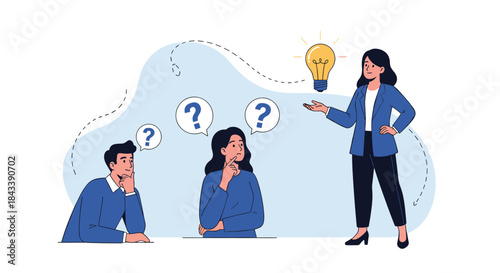 A businesswoman presents a new idea, symbolized by a lightbulb, to her colleagues who are thinking and asking questions in a meeting.