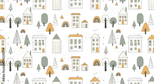 Seamless pattern with cute hand-drawn houses, trees, and rainbows in a childish Scandinavian style, perfect for nursery and kids' decor.