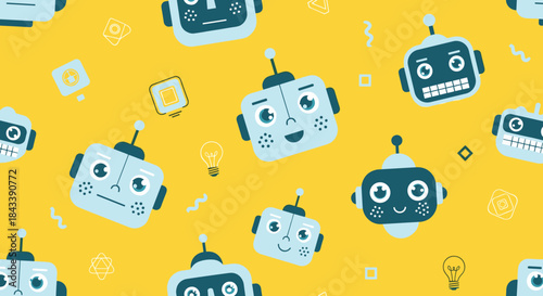 Seamless pattern with cute and funny robot faces and heads on a bright yellow background, perfect for kids' technology-themed designs.