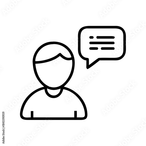 Line art illustration of a person speaking with speech bubble  