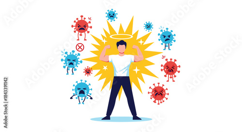 Healthy and strong man with a protective halo flexing his muscles, representing a powerful immune system fighting off virus and bacteria.