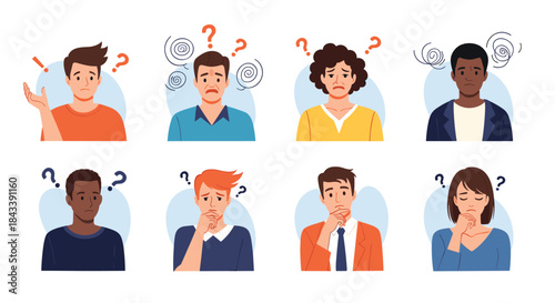 Set of diverse people with confused, thoughtful, and anxious expressions, featuring question marks and dizzy symbols above their heads.