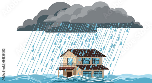A house submerged in rising floodwaters during a heavy rainstorm under dark clouds, illustrating a natural disaster and climate change.