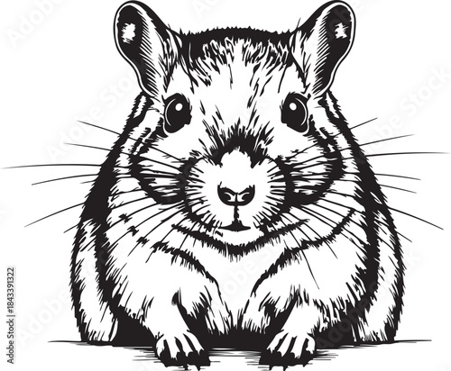 Hamster head vector illustration black and white, cute rodent, pet animal sketch art