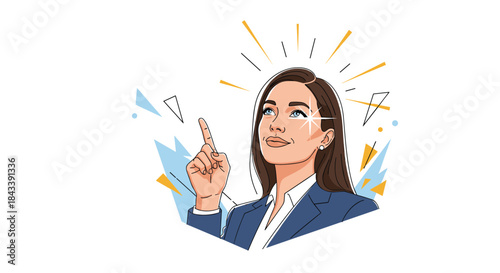 Confident and inspired businesswoman pointing upwards with a great idea, depicted with a sparkle in her eye and radiating light.