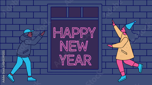 Young man and woman in party hats running past neon happy new year sign on brick wall at night
