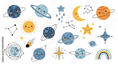 Set of cute kawaii space elements including smiling planets, sun, moon, stars, and constellations, perfect for nursery and kids' designs.