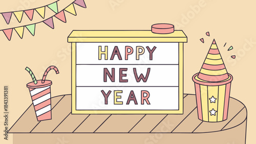 Colorful happy new year celebration scene with sign and party decorations on table