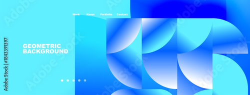 Abstract geometric background. Blue hues dominate design. Navigation menu present. Minimalist aesthetic, modern feel.
