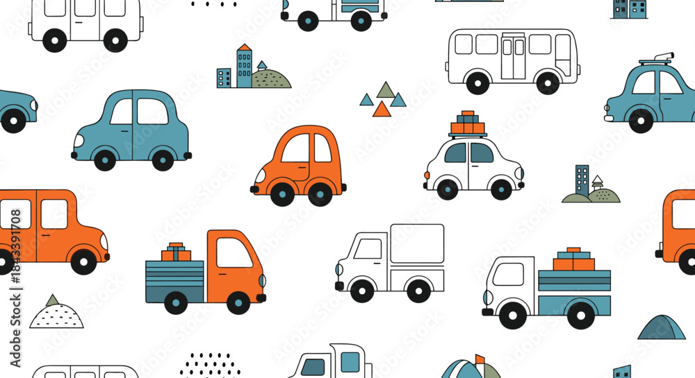 Obraz premium Seamless pattern with cute cartoon cars, trucks, and buses in a Scandinavian style, perfect for children's apparel, nursery, and textiles.