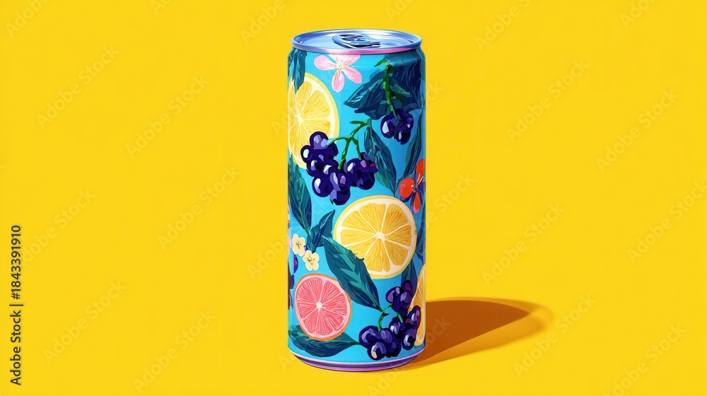 Fototapeta premium A colorful fruit infused sparkling drink can on yellow backdrop