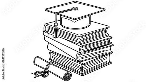 Black outline illustration of a graduation cap on stacked books and a diploma.