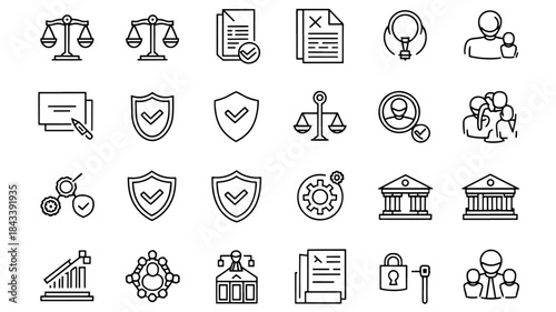 set of icons for design Black line icons set for legal, law, justice, compliance, governance, security, business management, and corporate operations.