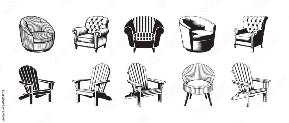 Naklejka premium Detailed set of ten vintage seating furniture icons including upholstered wingback chairs and rustic wooden adirondack chairs