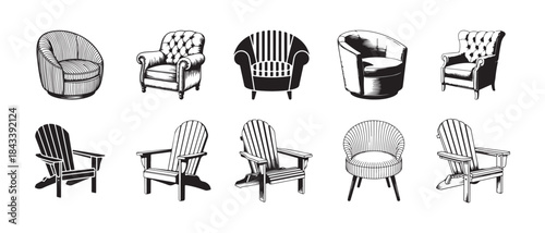 Detailed set of ten vintage seating furniture icons including upholstered wingback chairs and rustic wooden adirondack chairs