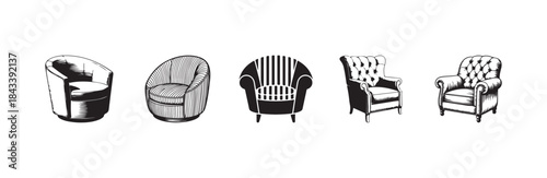 Elegant vector illustrations set of five upholstered vintage armchairs luxury seating options for classic interior spaces