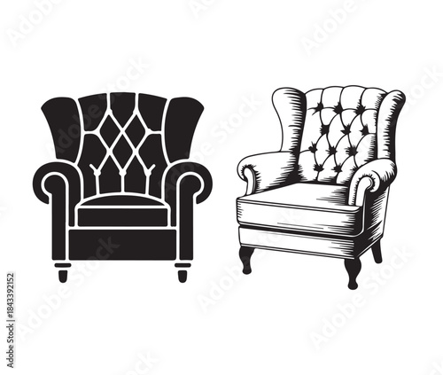 Vector illustration pair showing a sophisticated tufted wingback armchair in bold silhouette next to a detailed vintage engraving