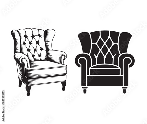 Pair of classic high back wingback armchairs showing detailed engraving style and bold modern silhouette graphic designs