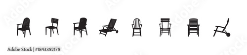 Set of black silhouette outdoor seating furniture icons showing eight different styles of patio chairs and recliners