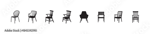Set of black silhouette classic wooden chair icons showing eight different styles of interior and dining armchairs