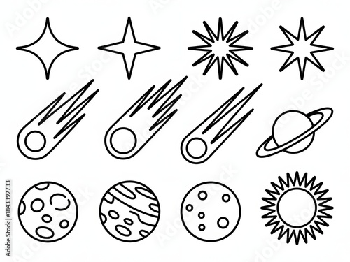 A collection of space objects outline icons including stars, comets, and planets