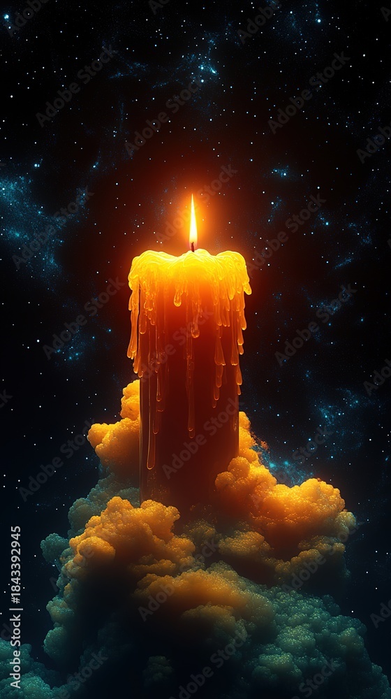 Fototapeta premium Giant candle with wax tears under starry sky: fantasy decoration scene (for fantasy design, holiday decoration, dreamy material)