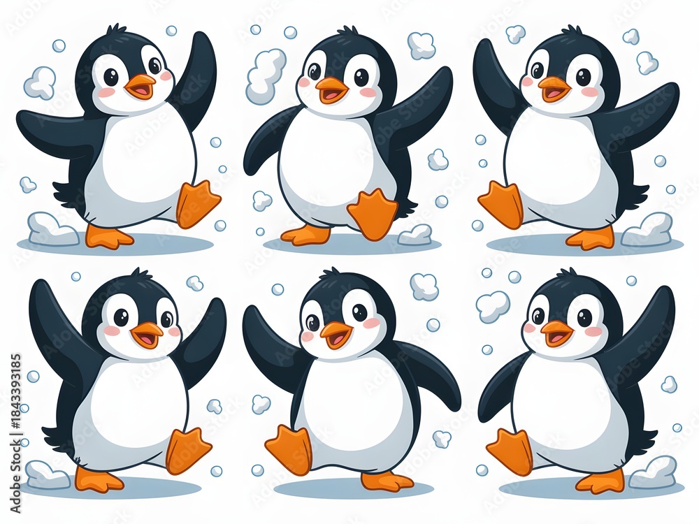 Obraz premium A repeating pattern of playful cartoon penguins waddling and waving happily