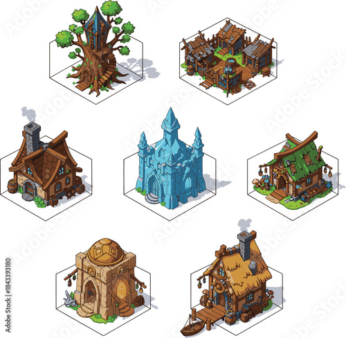 Detailed Isometric Fantasy Buildings: Elven Watchtower, Ice Mage Academy, Goblin Barracks, and Swamp Temple