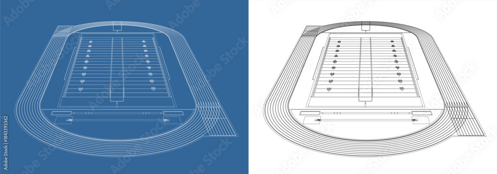 Fototapeta premium American Football Field and Track Stadium Wireframe Blueprint Illustration Low Angle Perspective