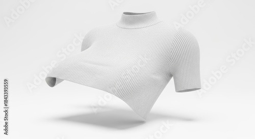 Minimalist White Ribbed Turtleneck Sweater Floating in Studio Setting