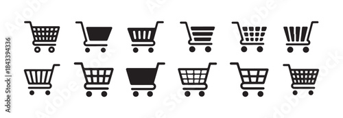 Twelve different styles of black shopping cart icons for commercial use in modern application design