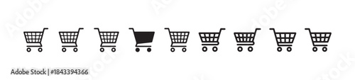 Set of ten black line and solid shopping cart icons showing different perspectives for online shopping