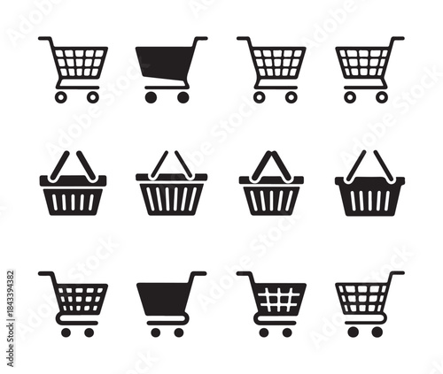 Collection of flat design shopping carts and baskets icons for online sales interface elements