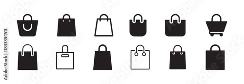 Twelve shopping bag and cart icons illustrating various stages of customer purchase and delivery process