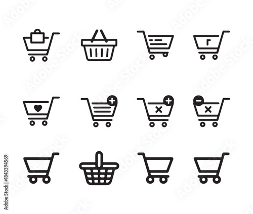 Set of shopping trolley and basket icons in outline style illustrating digital store functionalities visually