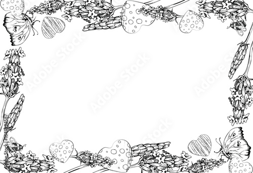 Lavandula lavender flowers with striped and dotted hearts, flying butterfly insect. Isolated border frame illustration hand drawn in vector ink. Home decor, plant pot cover, gardening accessories