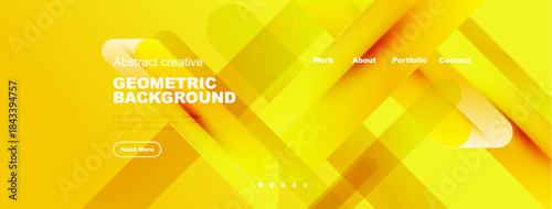 Bright yellow abstract background features overlapping geometric shapes. Text elements include header, navigation, button. Modern design.