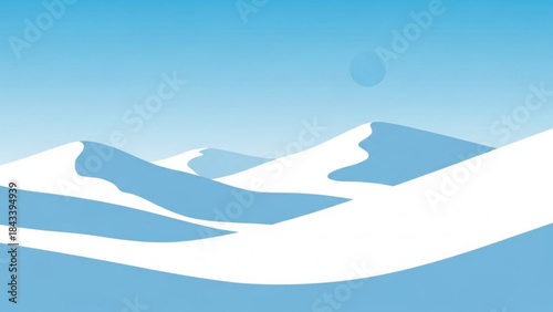 Illustration of white snowy mountain range under blue sky with moon