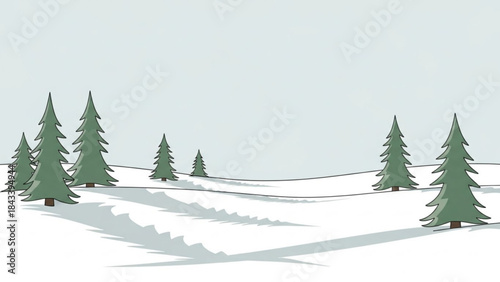 A serene winter landscape with pine trees casting long shadows on snowy hills under a pale blue sky with soft green trees