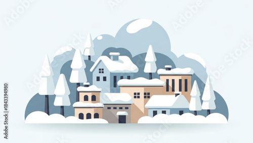 Snowy village scene with houses and trees in winter landscape setting