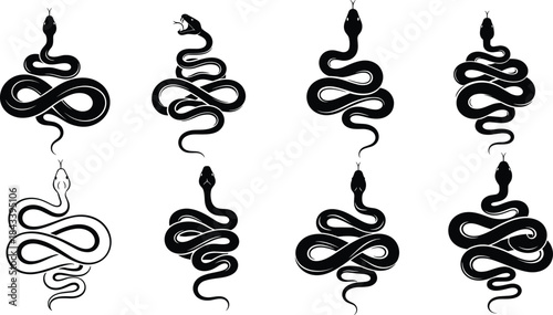 Collection of Coiled Snake Silhouettes Vector Set, Diverse Reptile Icons, Serpent in Strike and Strike-Ready Poses, Medical Symbol, Tattoo Design, and Danger Graphic Elements.