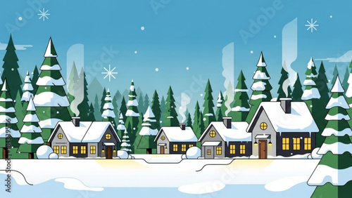 Snowy village scene with houses and trees in winter landscape setting
