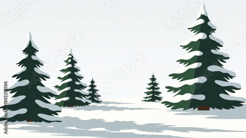 Snowy landscape with pine trees covered in snow on a