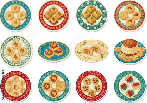 A delightful collection of oriental sweets and assorted pastries served on decorative plates