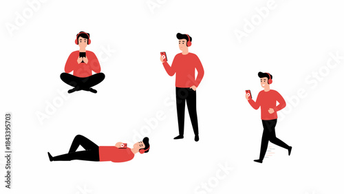 Four different poses of a man in a red shirt and headphones using a smartphone, illustrating various activities like sitting, standing, running, and lying down.