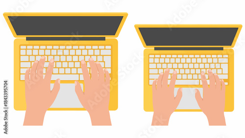 Two pairs of hands typing on yellow laptops, viewed from an overhead perspective.