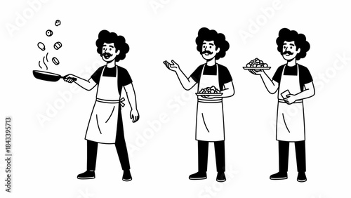 A chef character cooking, serving, and presenting food in three different poses.