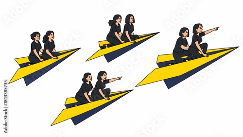 Five pairs of women in black riding yellow and blue paper airplanes, some pointing forward.
