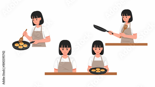 Young woman cooking and serving pancakes in a kitchen setting.