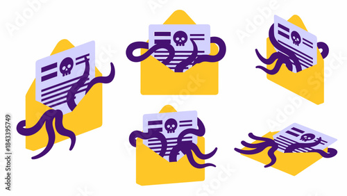 Multiple yellow envelopes with dangerous documents and purple tentacles symbolizing email threats.